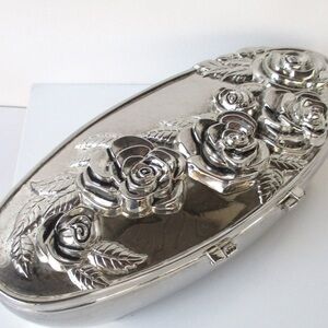 Vintage Trinket/Jewelry Box Silver Plated, Embossed Roses